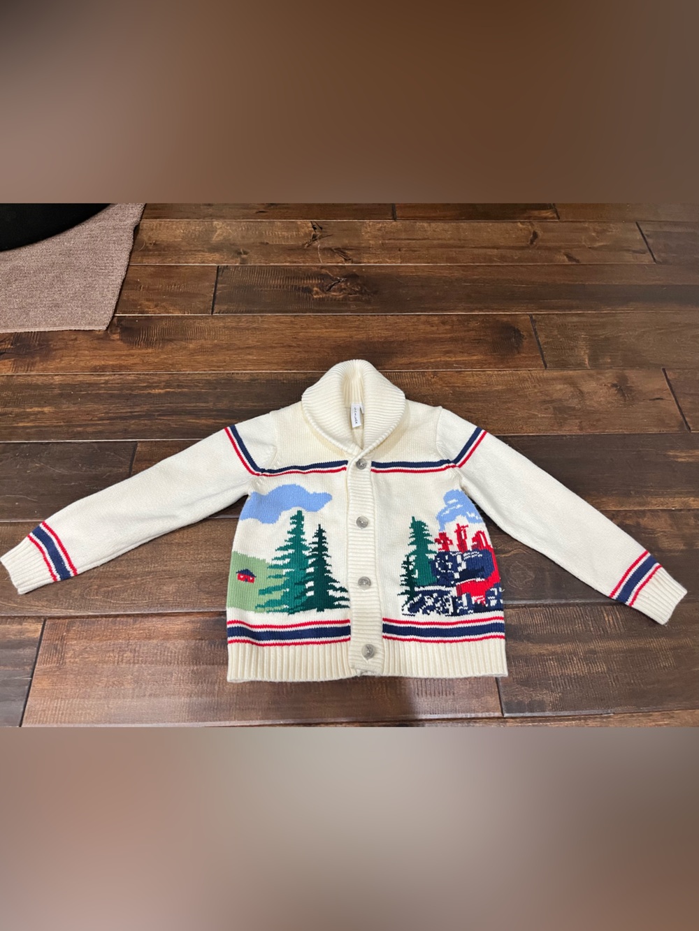 Janie and Jack Cream Knit Cardigan with Red & Navy Trim and Winter Scene